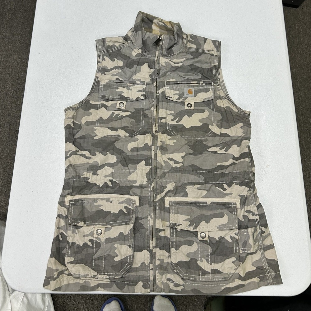 Carhartt Utility Vest Womens S (4/6) Grey Camo Ripstop Full Zip Cargo Pockets H3